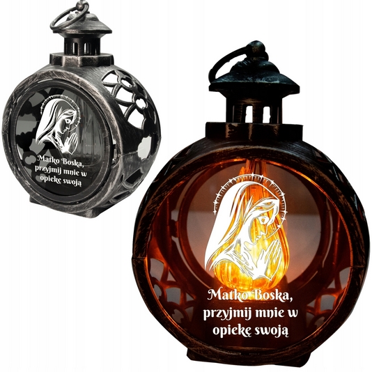 Vyšívaný náhrobný LED lampáš s matkou Božou a personalizovaným gravírovaním